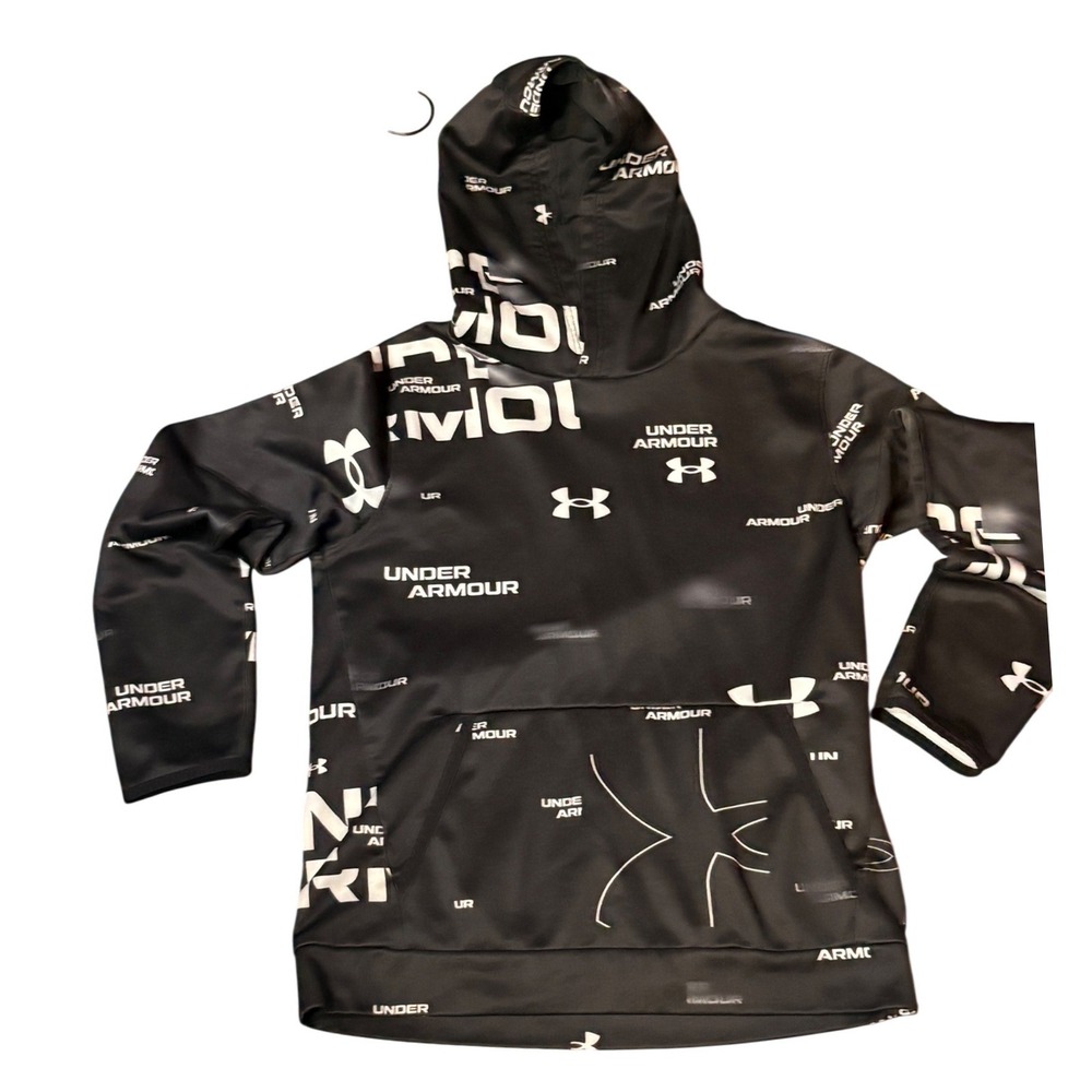 Under Armour Hoodie Kids Youth Large Black Good All-Over Logo ColdGear Pullover